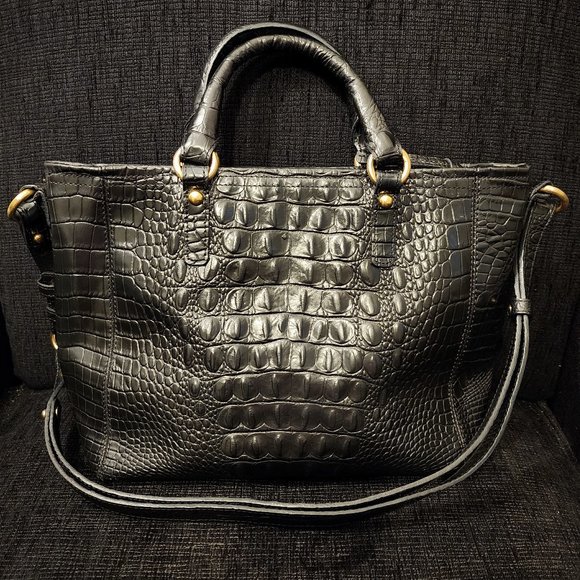 Brahmin Black Leather Melbourne Croc Embossed Handbag - Picture 2 of 8